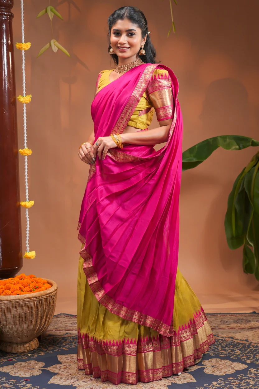 Elegant Yellow and Pink Traditional Silk Half Saree Lehenga Set – v2trendy